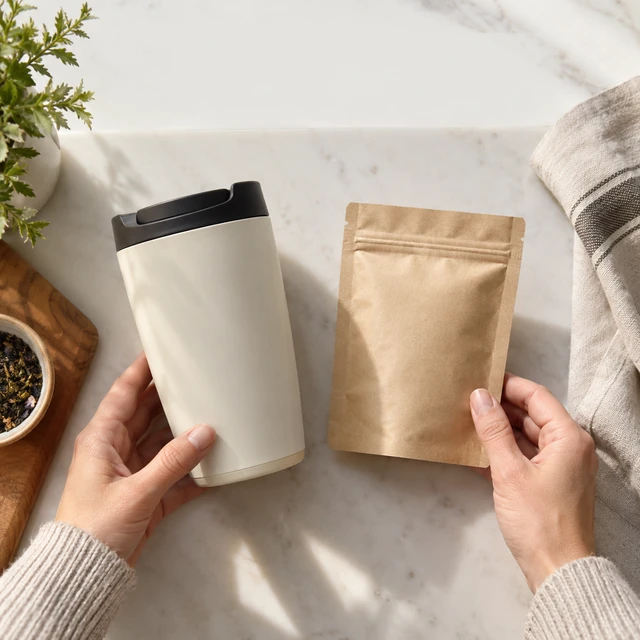 Adult hands arrange a plain travel mug and kraft tea pouch as a kitchen bundle.
