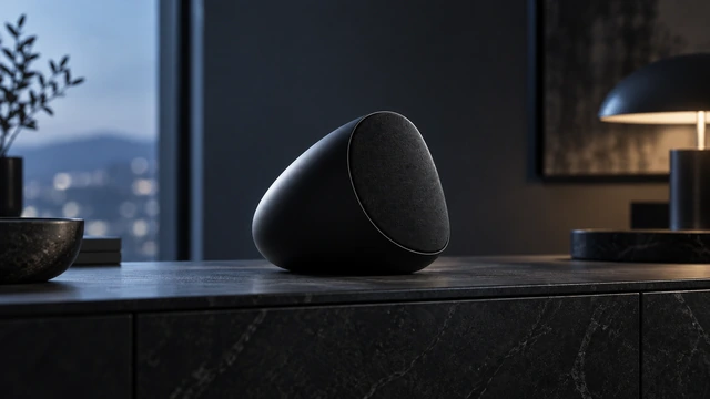 The same rounded pebble-shaped black speaker catches a cool cinematic highlight on a dark sideboard.