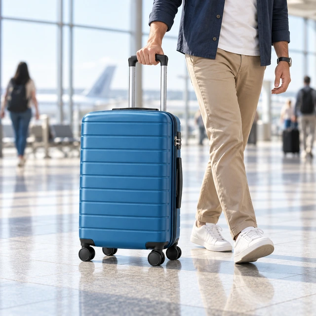 Adult pulls the same blue hard-shell suitcase through a bright airport terminal; the full suitcase, handle, ridges, and wheels are visible.