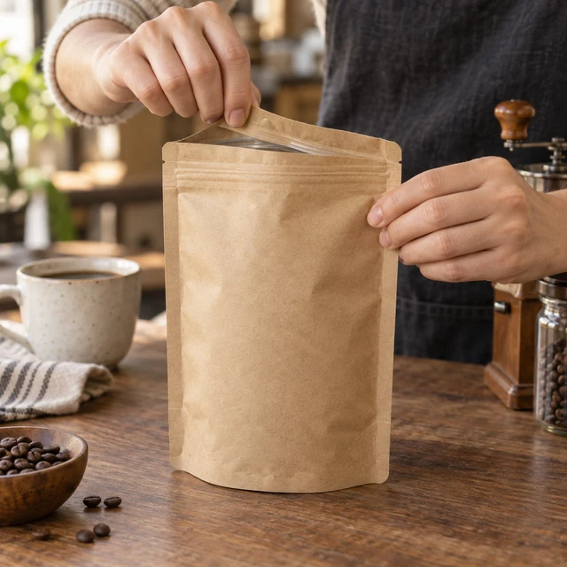 Adult hands open a plain kraft coffee pouch on a cafe counter.