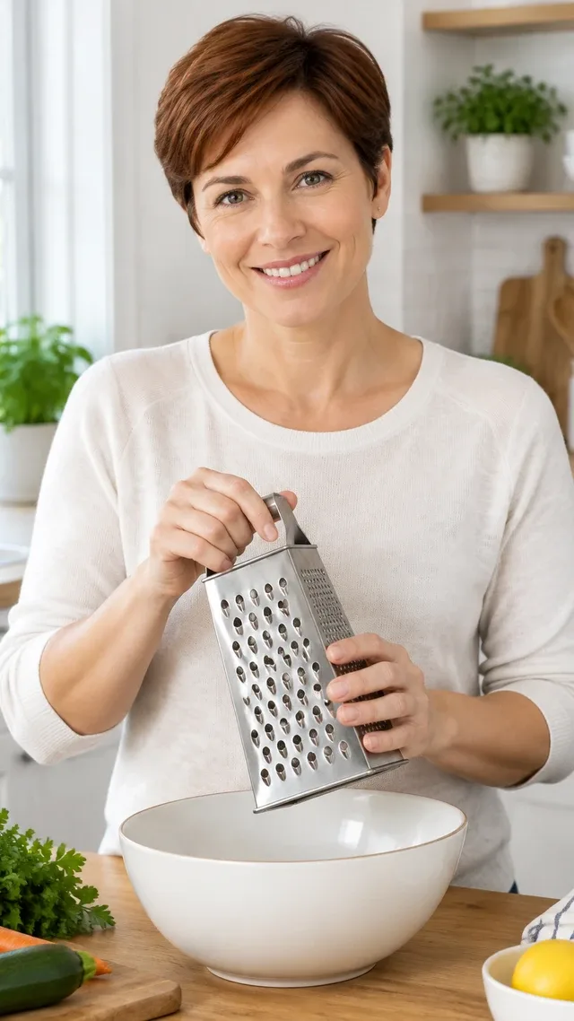 She presses a cucumber against the stainless four-side grater and shows each side: slice, shred, zest, ribbon.