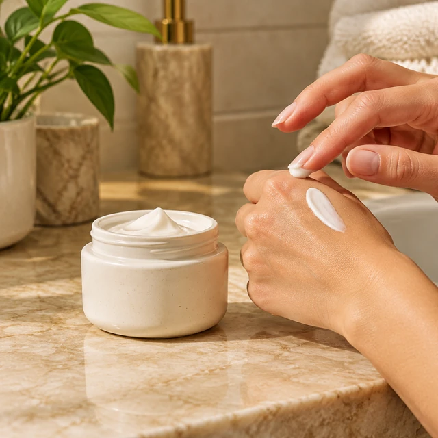 Adult hands apply cream from a plain skincare jar at a bathroom counter.
