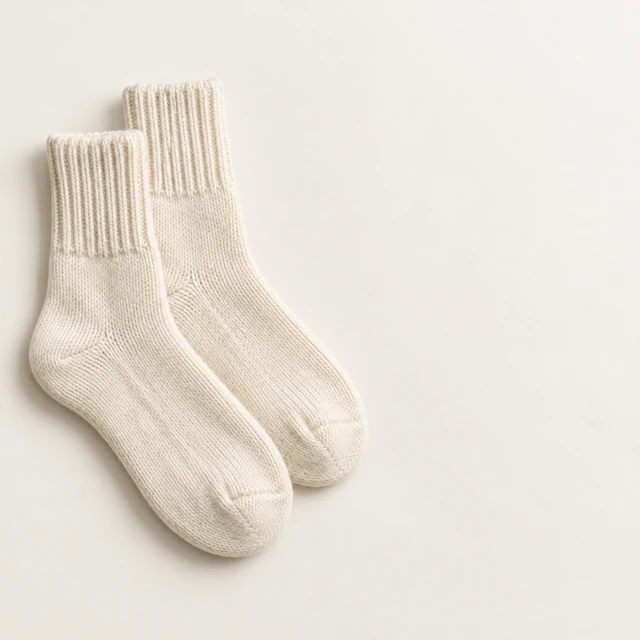 Plain cream socks on a light background with open space at left.