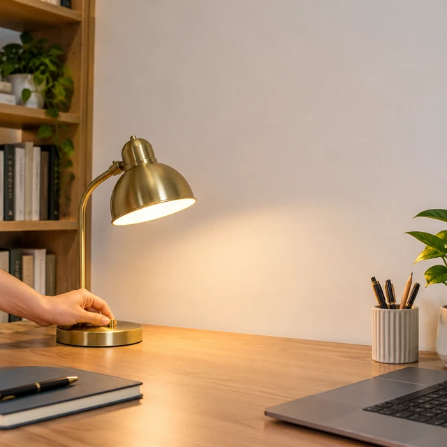 A brass desk lamp glows over a tidy home office desk.