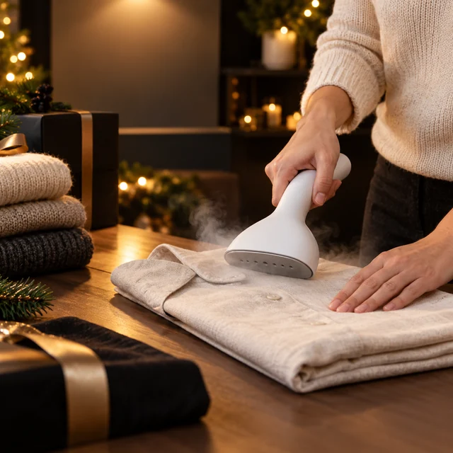 Adult hand demonstrates a plain garment steamer smoothing a neutral shirt.
