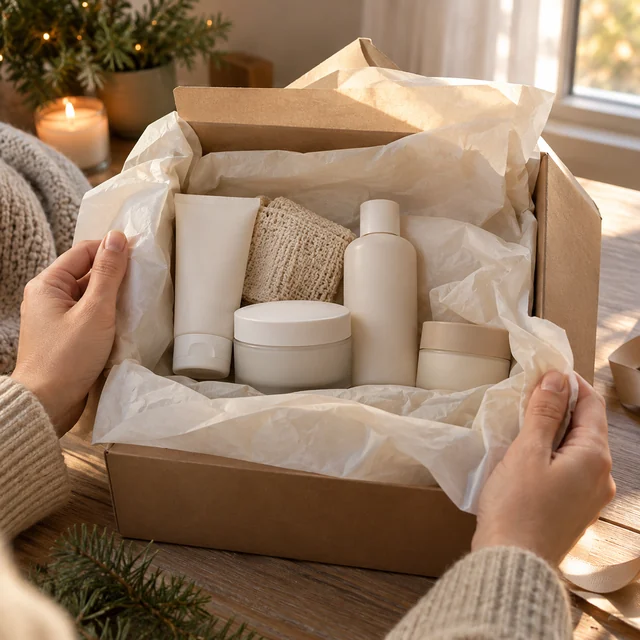 Adult hands reveal a plain skincare gift bundle from tissue in a kraft box.