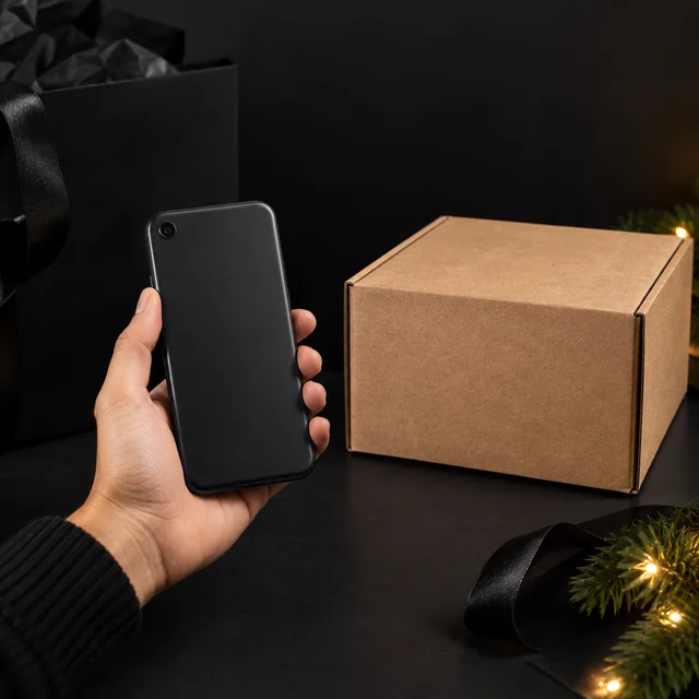 Adult hand holds a generic single-camera smartphone beside a product parcel.