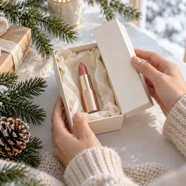 Adult hands reveal a plain lipstick gift box beside evergreen branches.