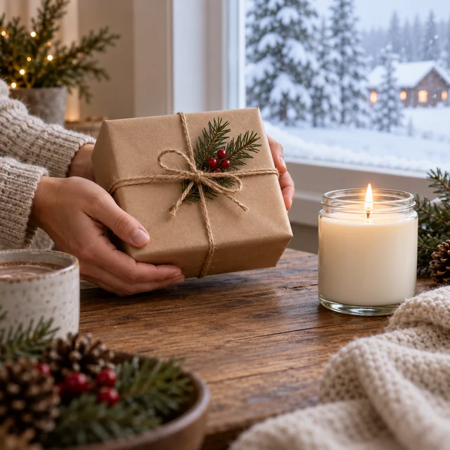 Adult hands hold a wrapped parcel beside a blank candle jar by a snowy window.