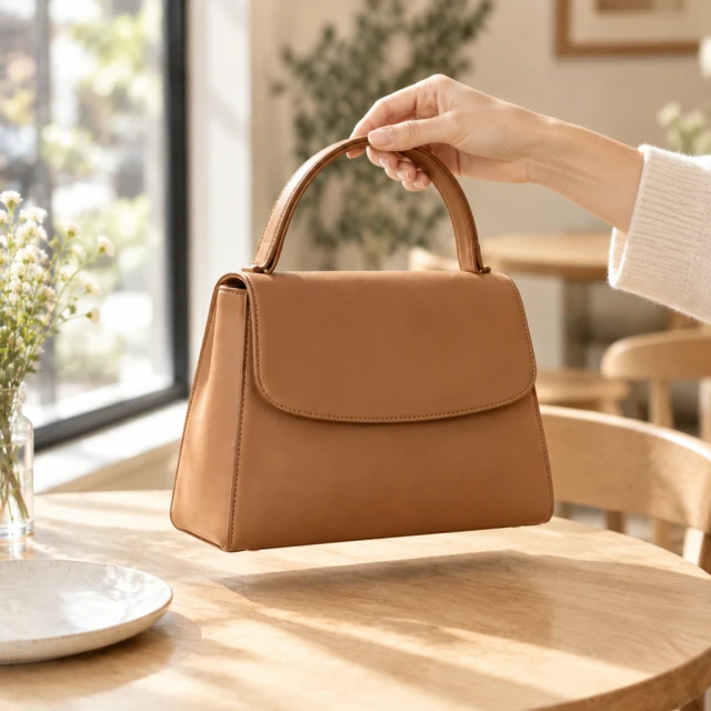 A hand lifts your tan handbag from a softly lit cafe table so you can post that use shot.