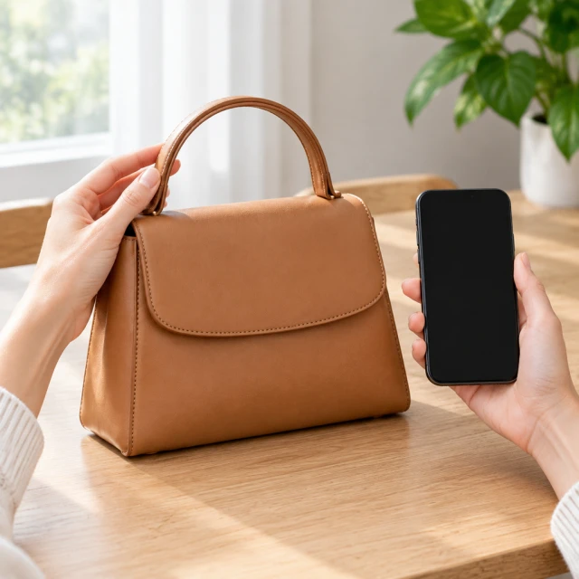 Hands check your tan handbag beside a blank phone before you post the photo.
