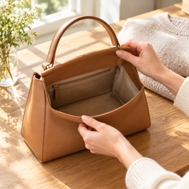 Hands open your tan handbag on a sunlit desk beside a folded sweater, ready to post.