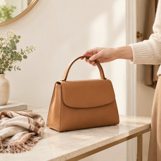 A hand sets your tan handbag beside a folded scarf on the entry table, ready to post.