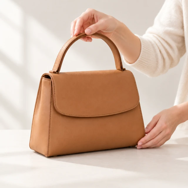 Hands place your tan handbag upright on a pale studio surface for the catalog shot.