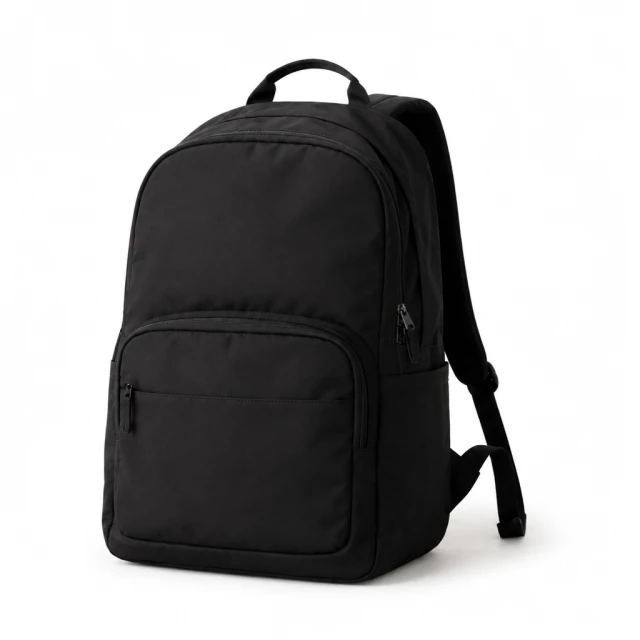 Plain black travel backpack centered on a white background.