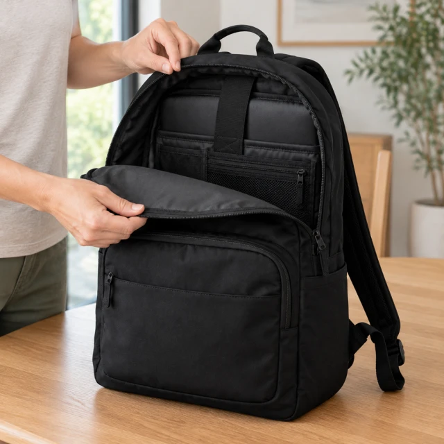 Hands open the zipper and flap of plain black travel backpack.