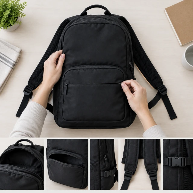 Hands count pockets, buckles and straps on plain black travel backpack.