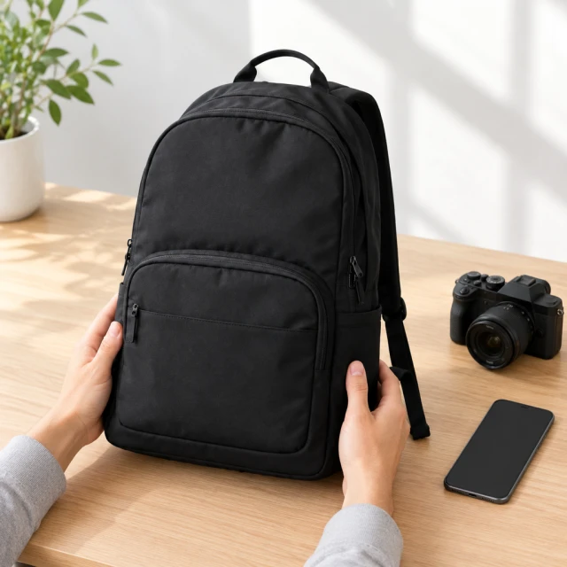 Hands hold plain black travel backpack beside a plain camera and blank phone.