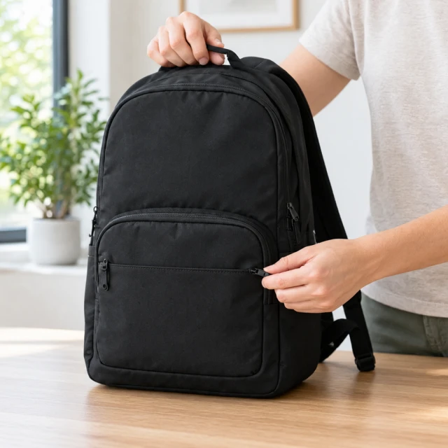 Hands check the front pocket and zipper of plain black travel backpack.