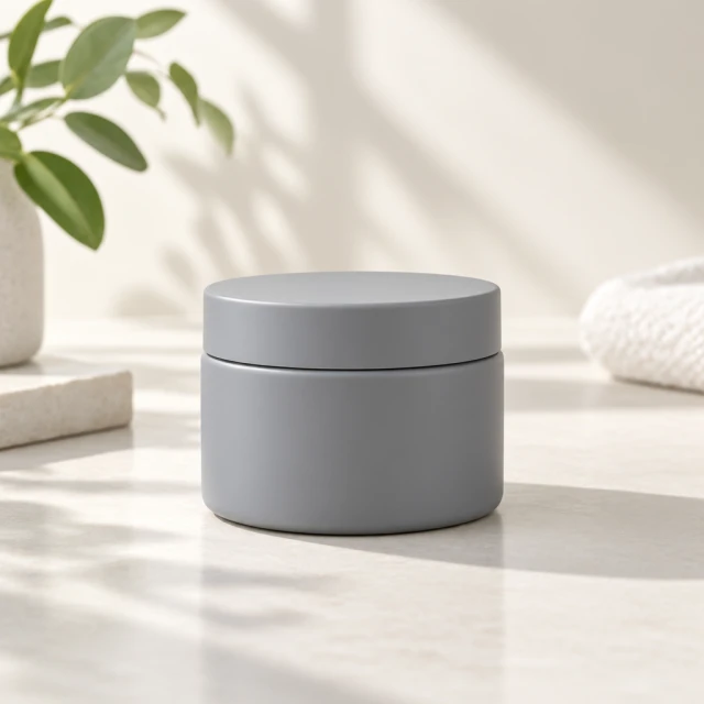 You skip the shoot: hands hold the gray skincare jar by the bathroom mirror and open its lid.