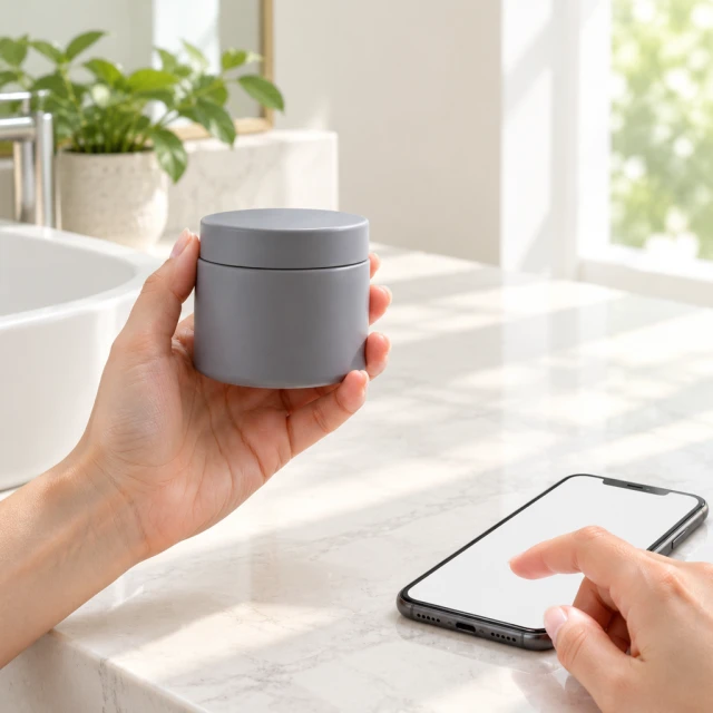 You leave room for the offer: hands hold the gray skincare jar over a vanity beside a blank phone.