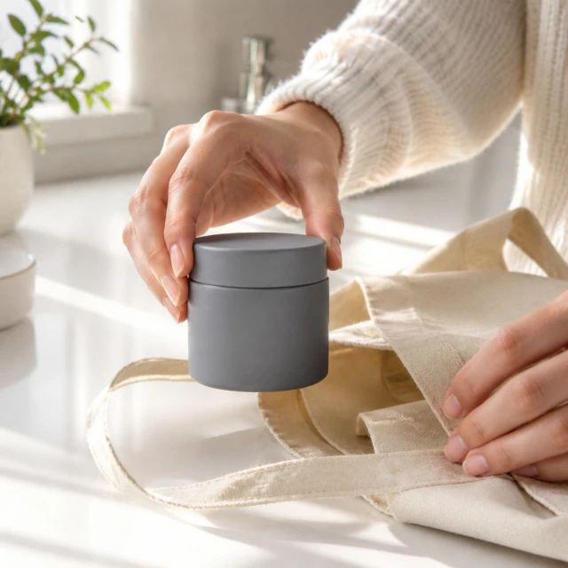 You start as the jar comes out of the tote: hands pull the gray skincare jar onto the bathroom counter.
