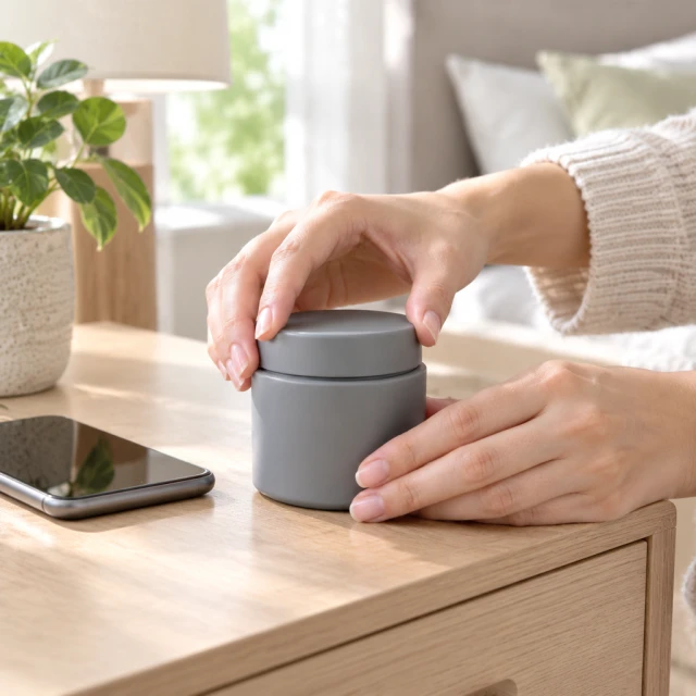 You can post the closing shot: hands shut the gray skincare jar on a neutral bedroom dresser.