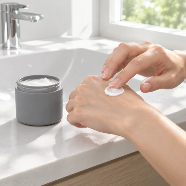 You show the cream in use: hands scoop a little from the gray skincare jar onto a hand, with no shoot.