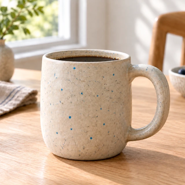 Cream ceramic mug with blue flecks filled with coffee on a wooden counter.