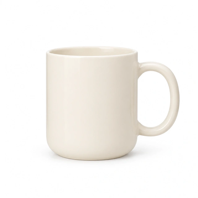 Cream ceramic mug centered on pure white with its handle fully visible.