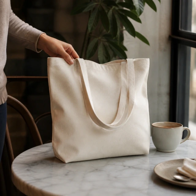 Adult hand sets a plain canvas tote on a marble cafe table beside a ceramic cup.
