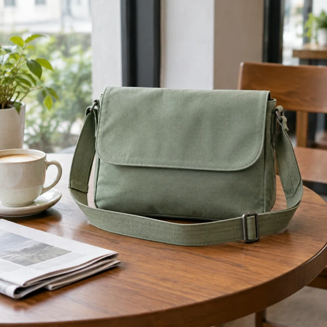 Plain sage canvas crossbody bag on a cafe table beside a ceramic cup.