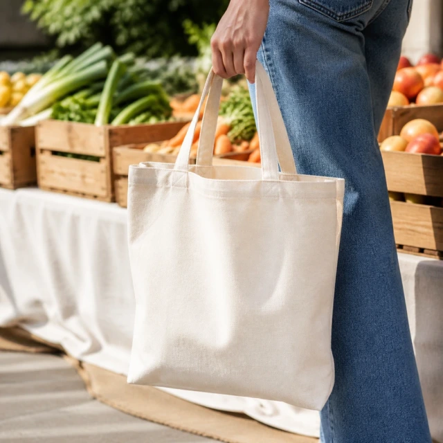 Adult hand carries a plain natural canvas tote at a farmers market stall.