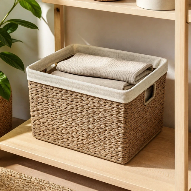 Unbranded woven storage basket on a pale wood room shelf with folded linen.
