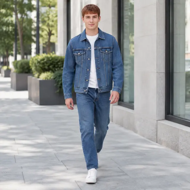An adult man with short auburn hair wears a plain denim jacket on a sidewalk.