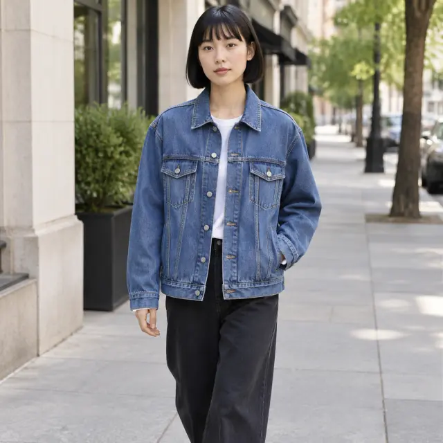 Adult model with a short straight bob wearing a plain denim jacket on a quiet city sidewalk.