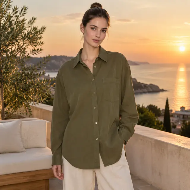 Adult model with a tight bun wearing a plain olive overshirt on a terrace at sunset.
