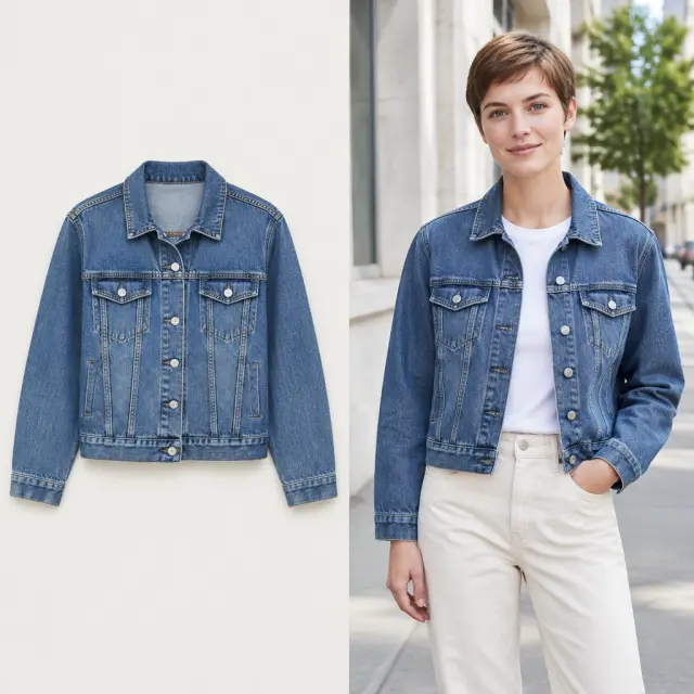 The same denim jacket is laid flat and worn by an adult.