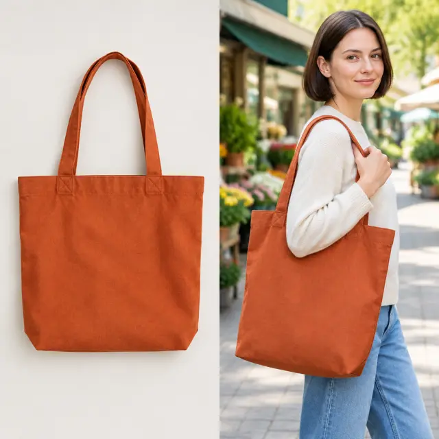 A rust-orange tote is laid flat, and an adult carries the same tote on one shoulder.