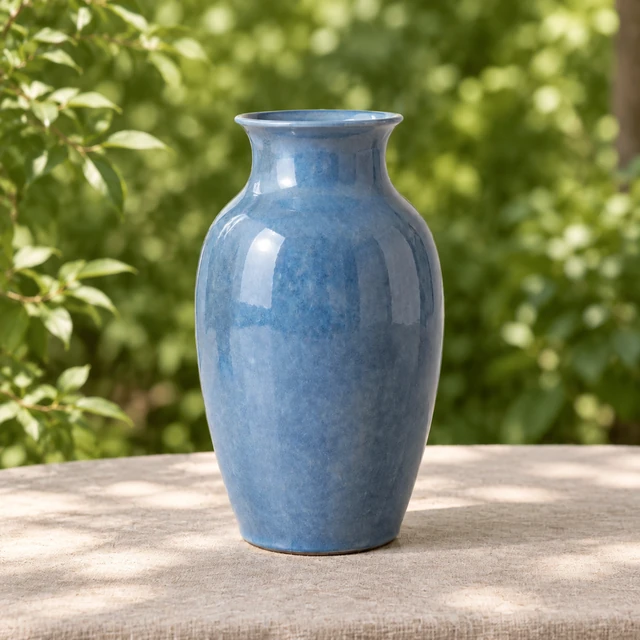 Same matte blue ceramic vase on a shaded garden table with oatmeal linen and green foliage, ready to post.