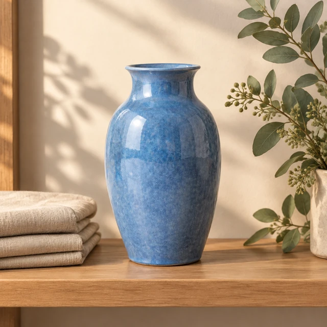 Same matte blue ceramic vase on a seasonal shelf with oatmeal linen and green foliage, ready to list.