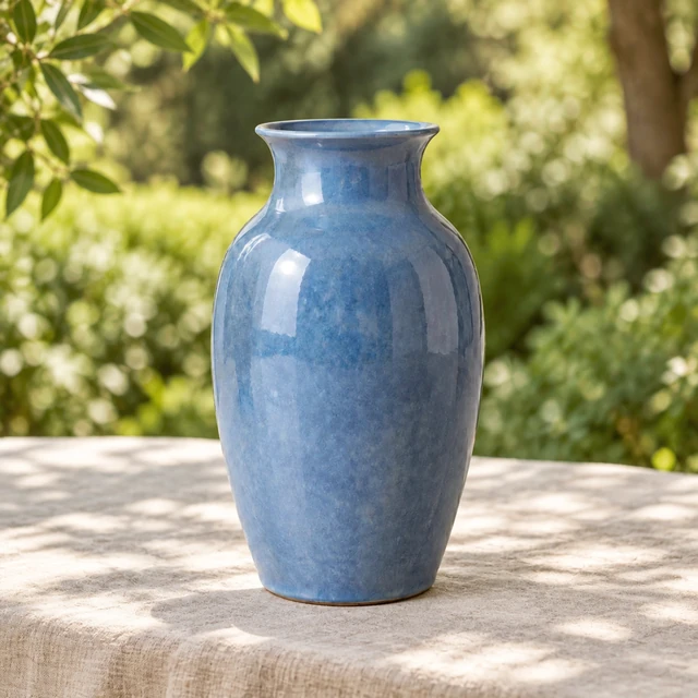 Matte blue ceramic vase on a shaded garden table with an oatmeal linen cloth.