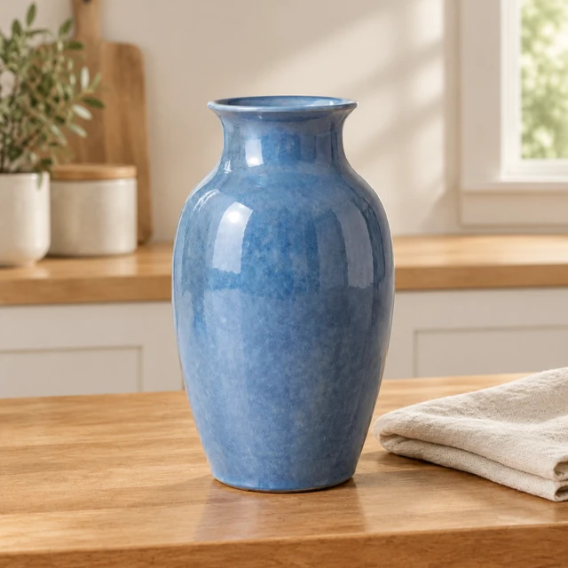 Matte blue ceramic vase on a warm wood counter beside folded linen.