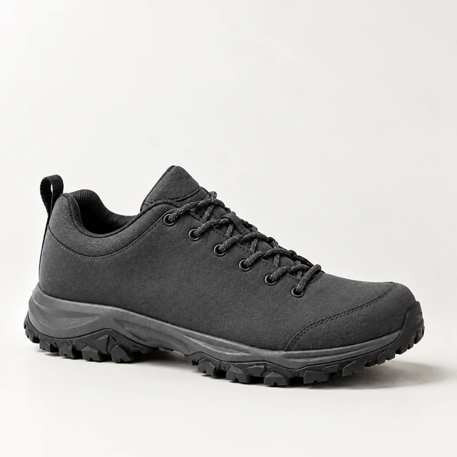 You show the shoe clearly: a plain charcoal hiking shoe on a pale studio surface, with clean space above it.