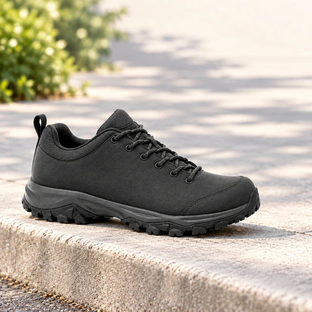 You can post this square: a plain charcoal hiking shoe on a clean city curb, with open space for a headline.