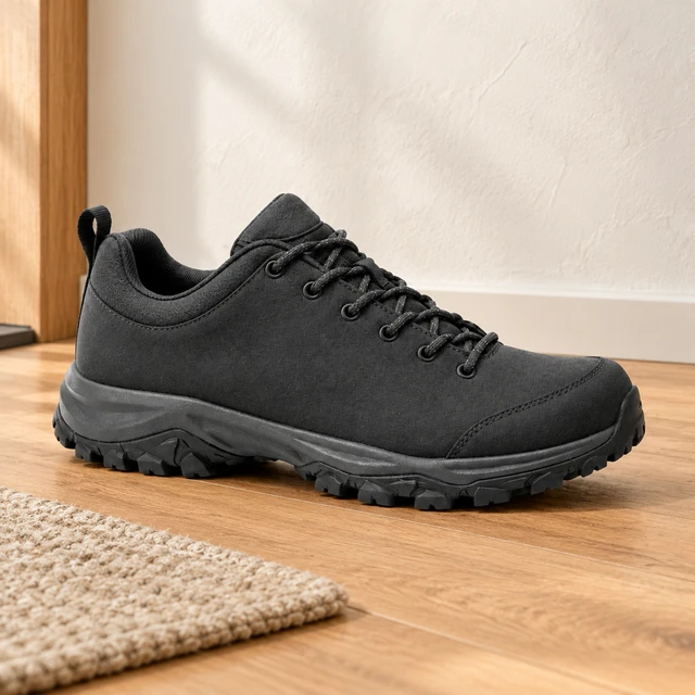 You post a look shoppers can picture wearing: a plain charcoal hiking shoe on a warm oak entryway floor beside a neutral mat.