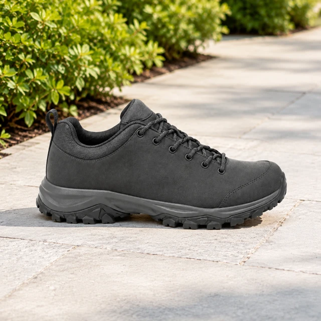 You can post it while the offer holds: a plain charcoal hiking shoe on a pale stone walkway beside low greenery.