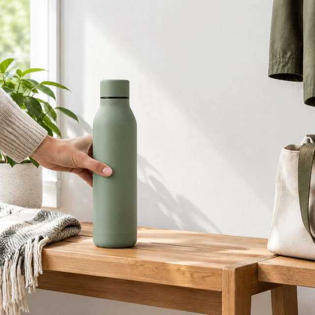 Plain matte sage insulated bottle on an entryway bench as an adult hand reaches to pick it up.