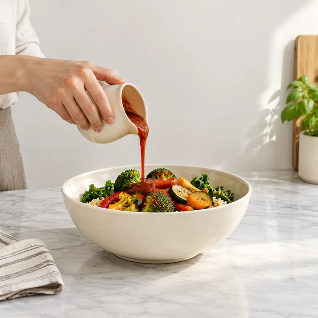 Plain cream ceramic serving bowl as an adult hand pours red sauce over vegetables.