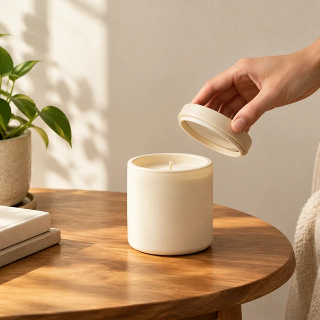 Plain cream candle jar on a wooden side table as an adult hand lifts the lid.